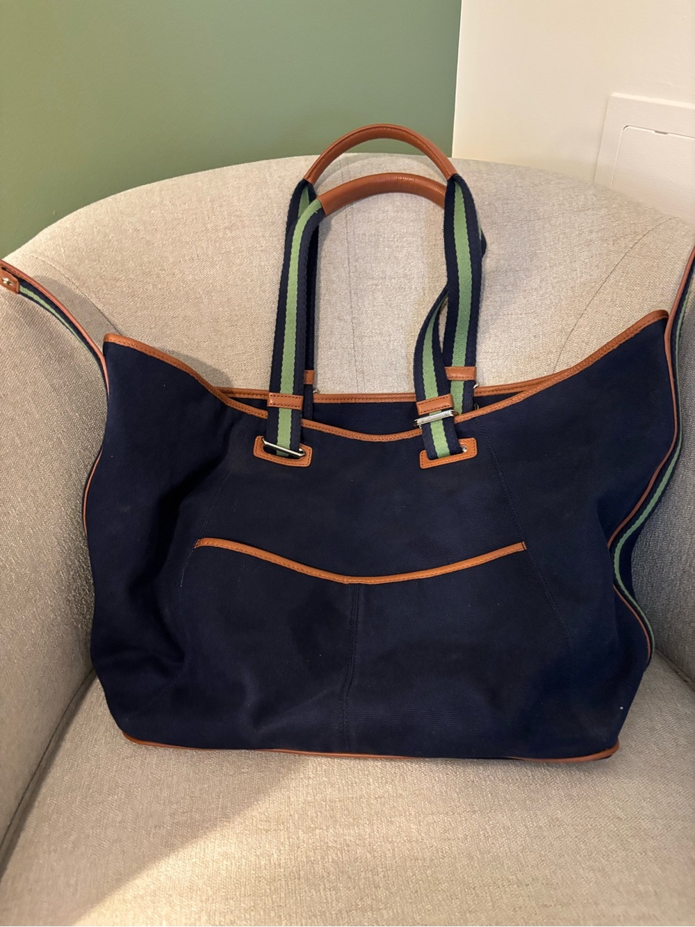 Navy Canvas Tote with Brown Trim and Green-Striped Handles (B Monogram)